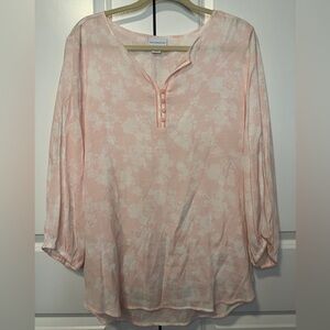 Liz Claiborne Pink Floral Henley Blouse XL Sheer Lightweight Long Sleeve Top